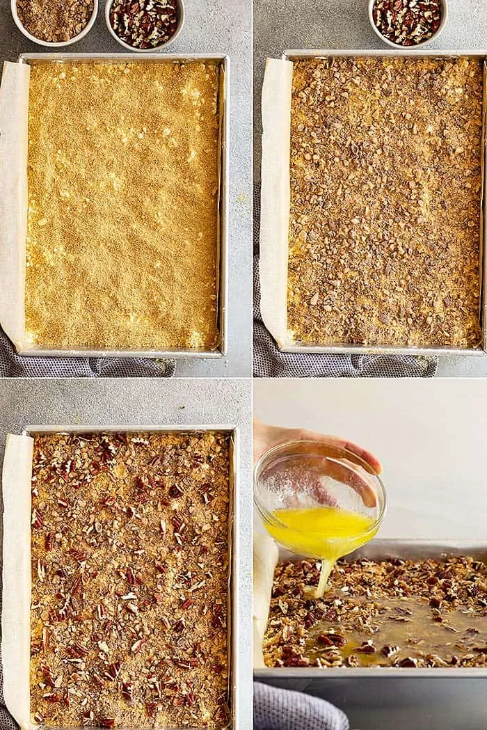 overhead: a collage of photos showing how to make the topping for pumpkin dump cake