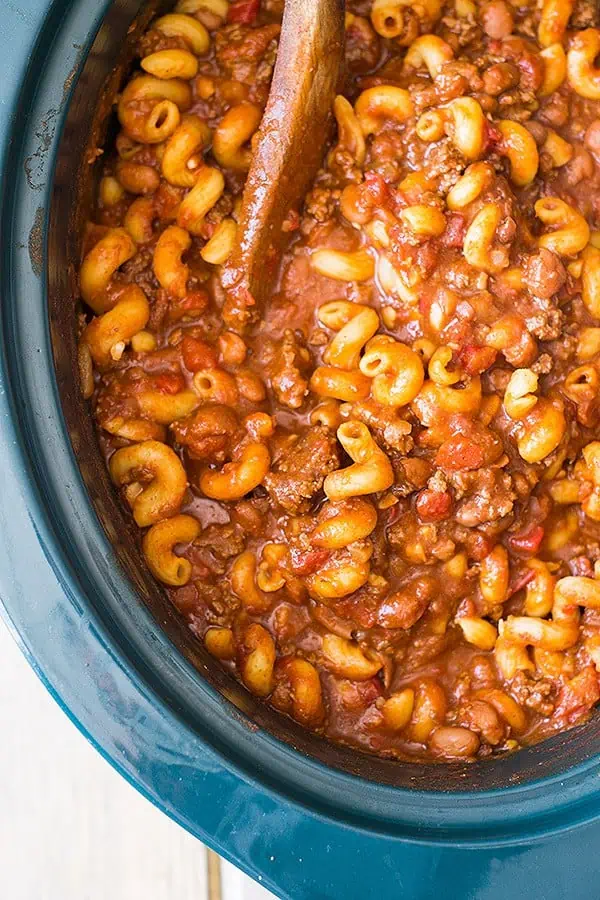 overhead of chili mac in a slow cooker