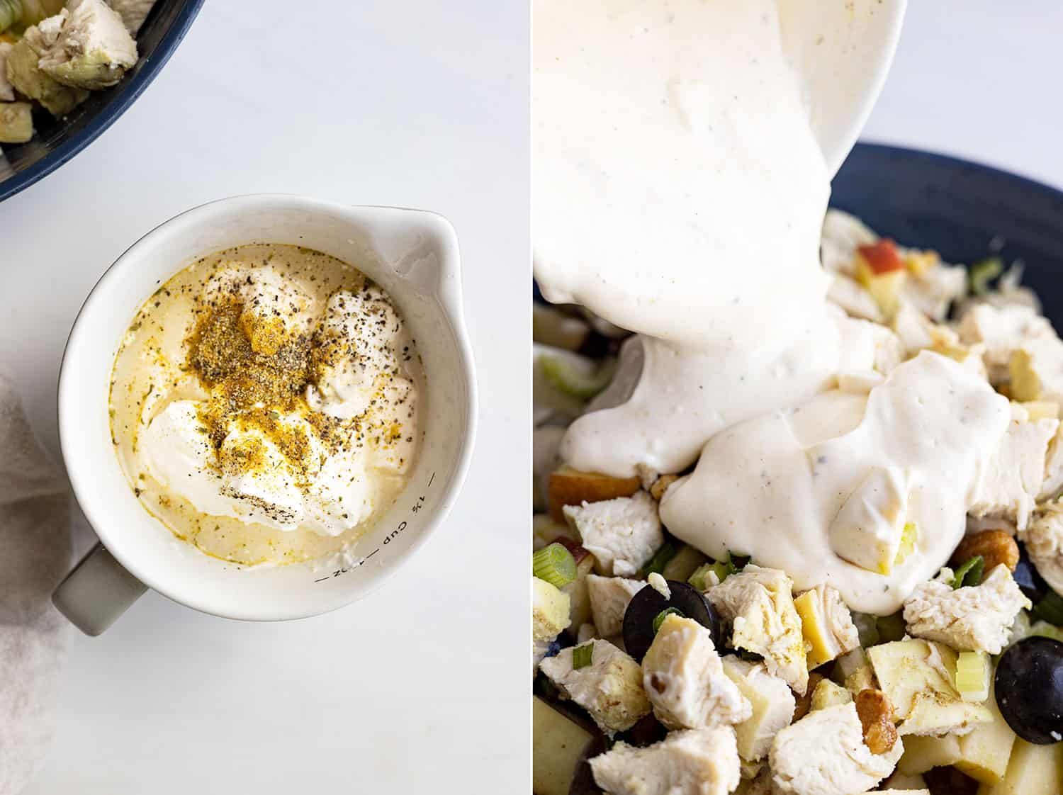 Two pictures of the dressing. One the ingredients in a small bowl and the other showing the dressing being poured over the salad. 