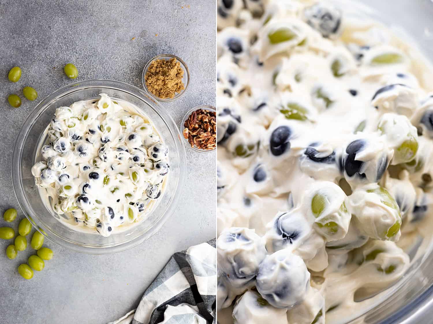 Two pictures showing the creamy grape salad. One is an overhead and the other a close up. 