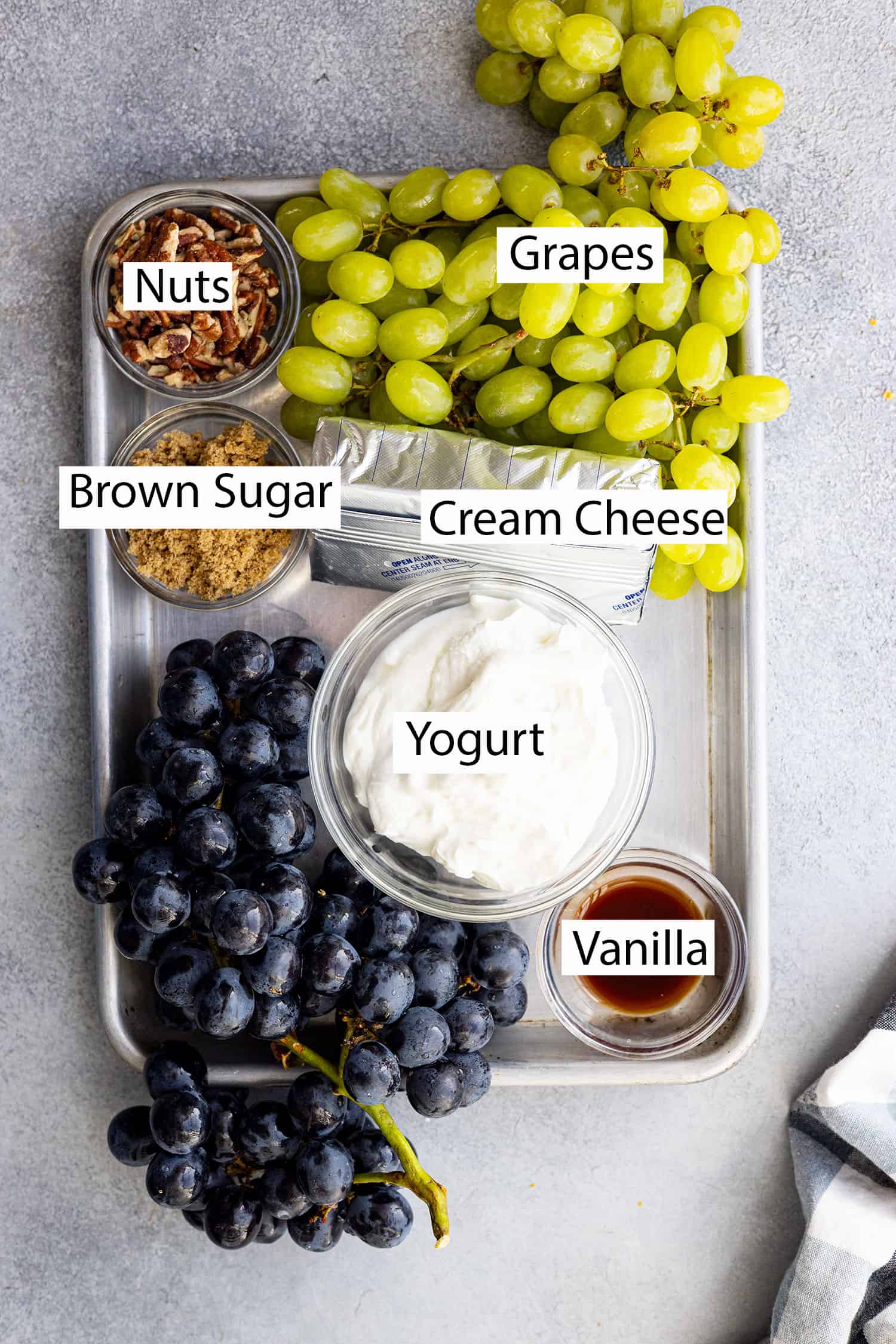 Ingredients: Grapes, cream cheese, yogurt, brown sugar, nuts, and vanilla.
