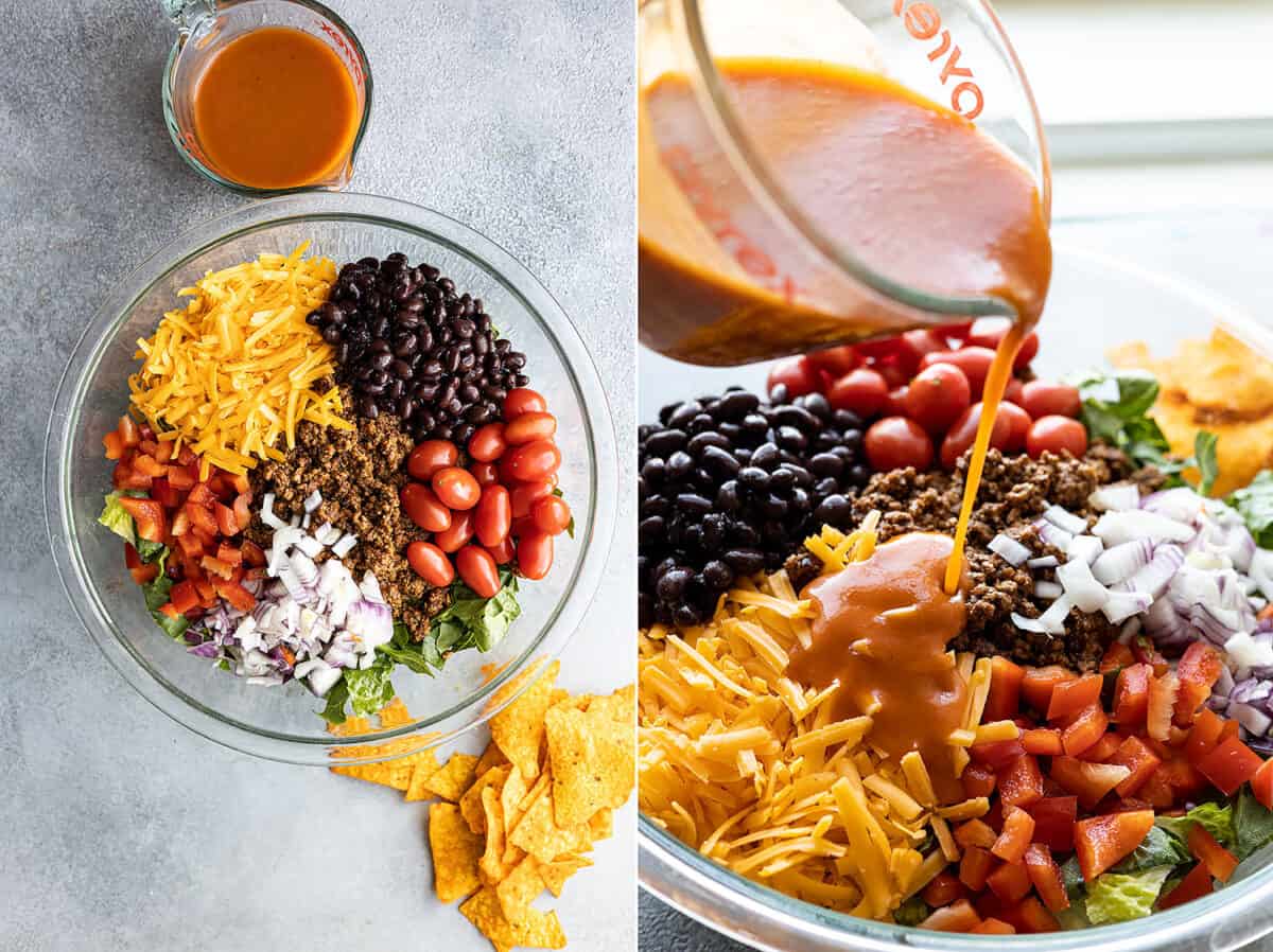Two pictures showing how to make the salad. One with all the ingredients in a bowl and the second showing the dressing being poured over it. 