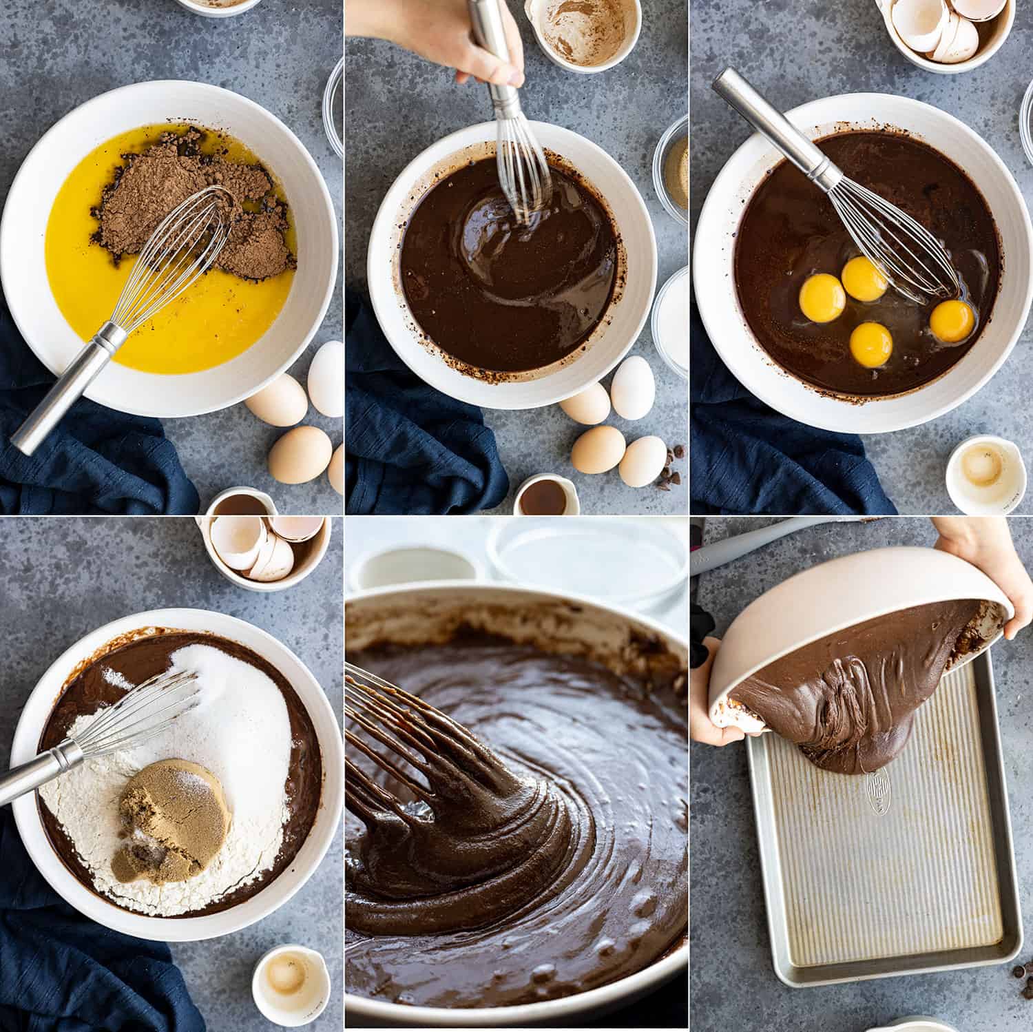 Six pictures showing how to mix up the brownies. 