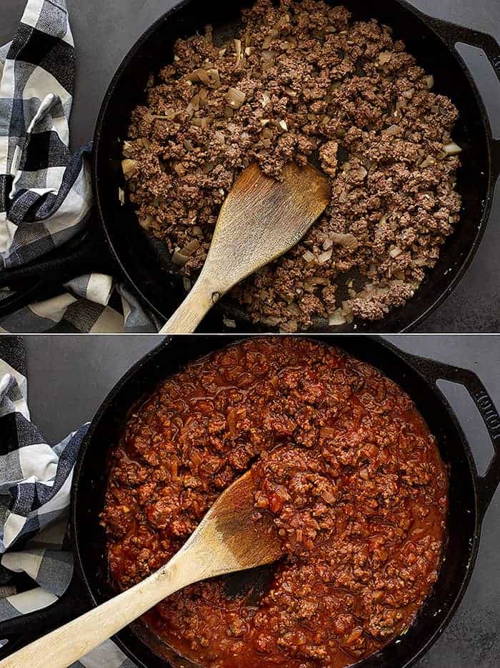 overhead: process shots of making a ground beef sandwich in a skillet