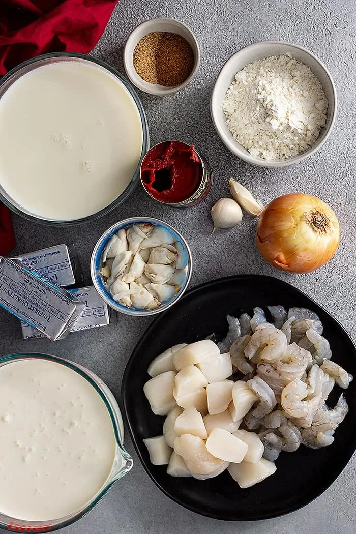 overhead: ingredients needed for this seafood bisque recipe
