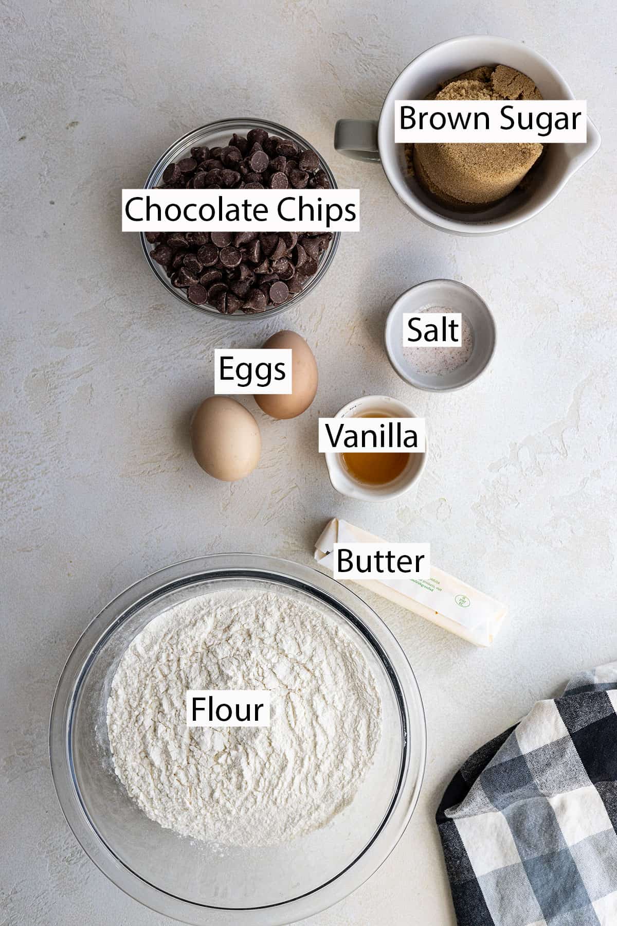 Ingredients: Brown sugar, chocolate chips, eggs, vanilla, salt, butter, flour.