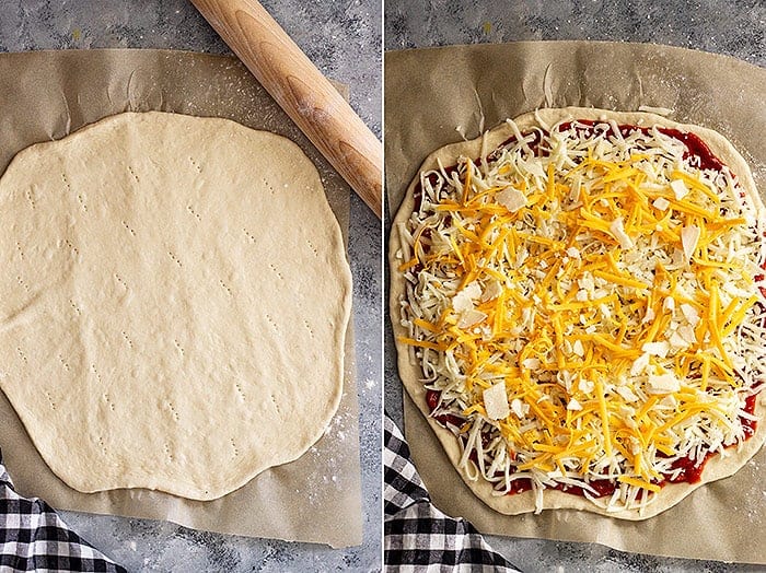 overhead collage: rolled out cheese pizza recipe dough and the dough covered with sauce and cheese