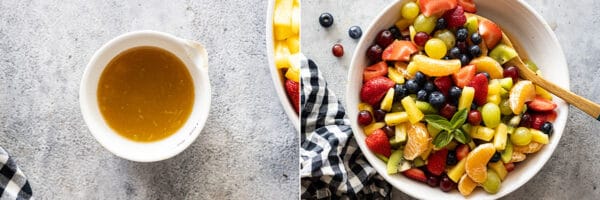 Two pictures showing the dressing and the fruit mixed up with the dressing.