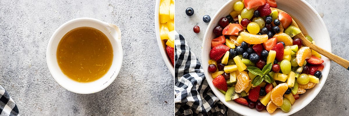 Two pictures showing the dressing and the fruit mixed up with the dressing.