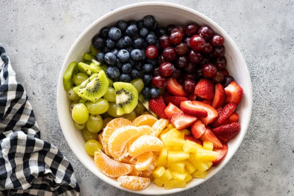 Overhead picture of prepared fruit in a bowl.
