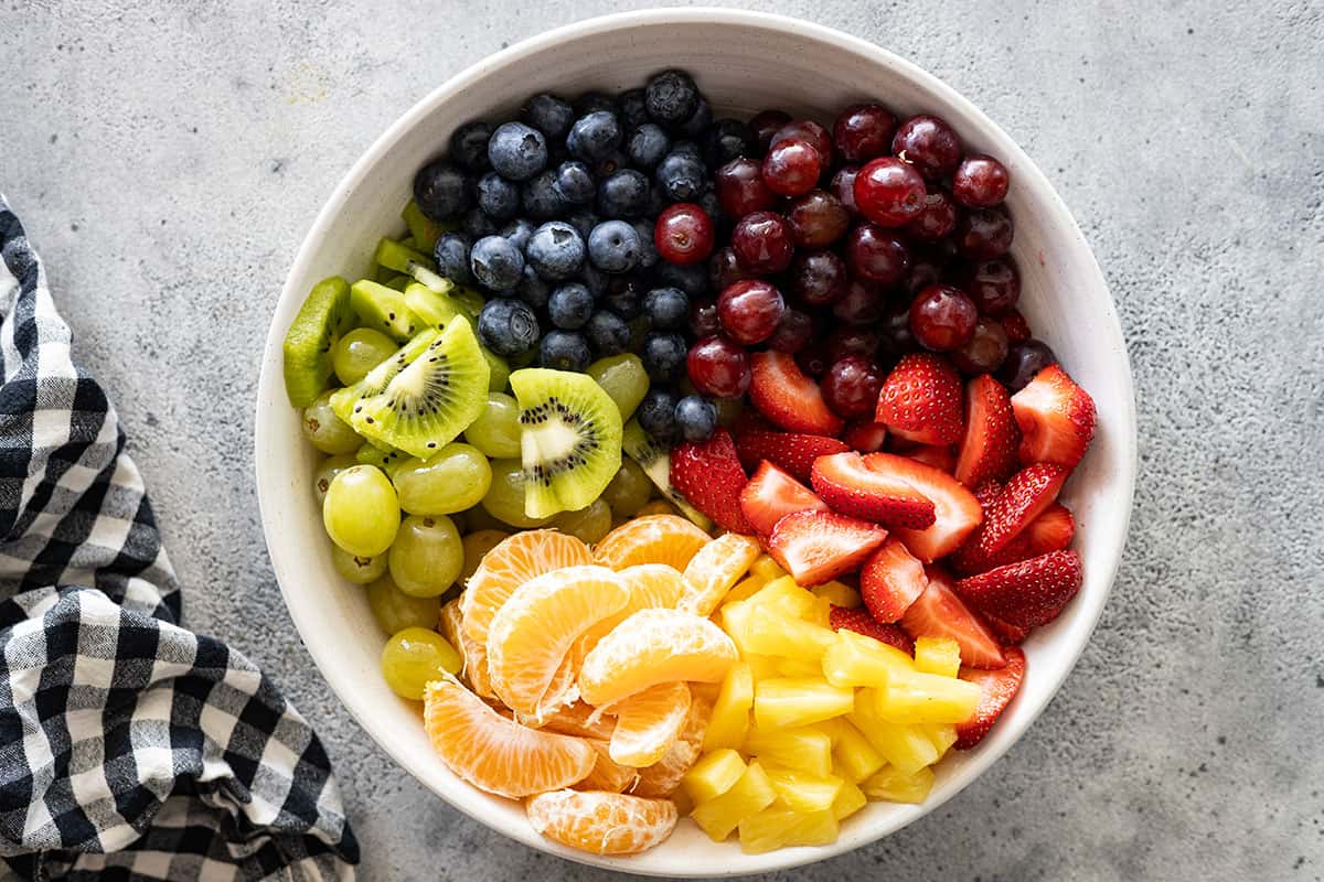 Overhead picture of prepared fruit in a bowl.