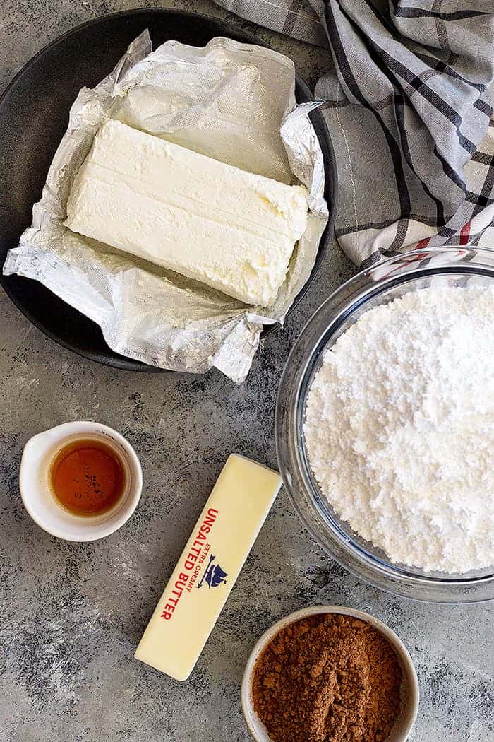 overhead: chocolate cream cheese icing ingredients