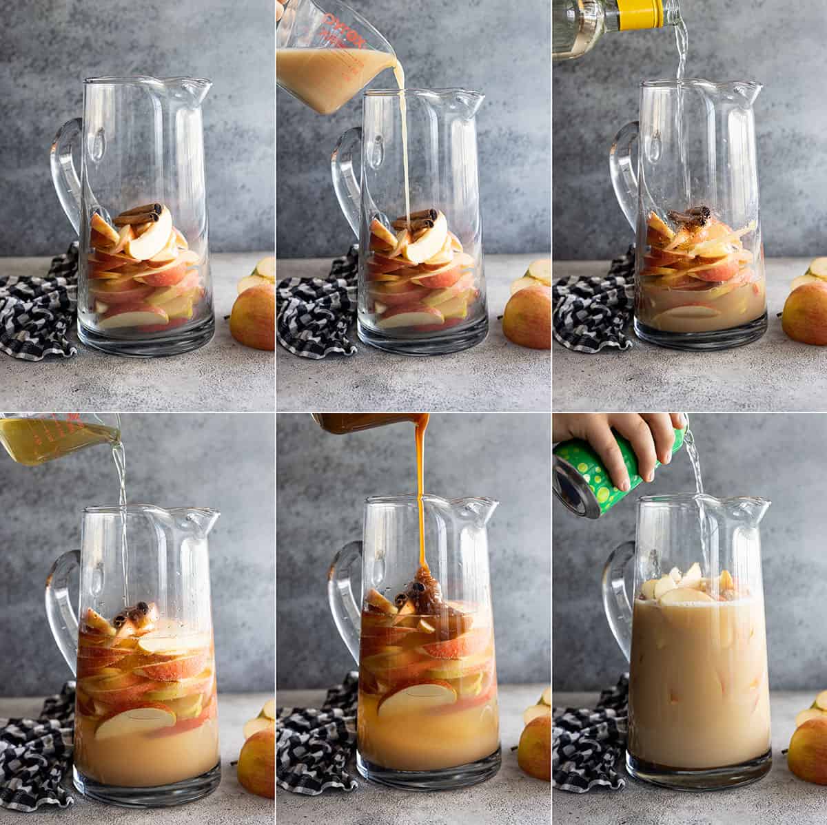 Six pictures showing how to make the sangria. 