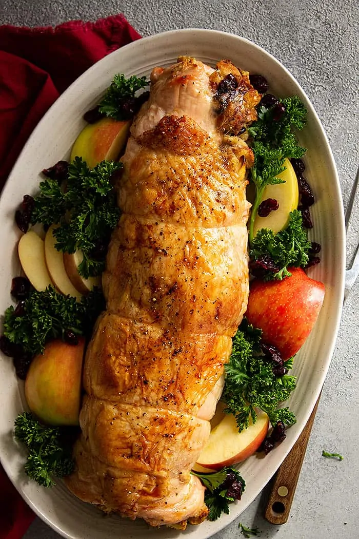 overhead: rolled stuffed turkey breast garnished with parsley, cut apples, and dried cranberries