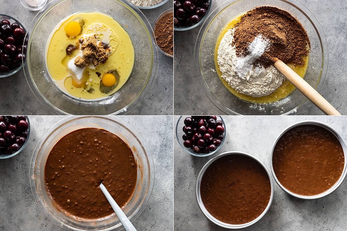 Four pictures showing how to make the chocolate cake.