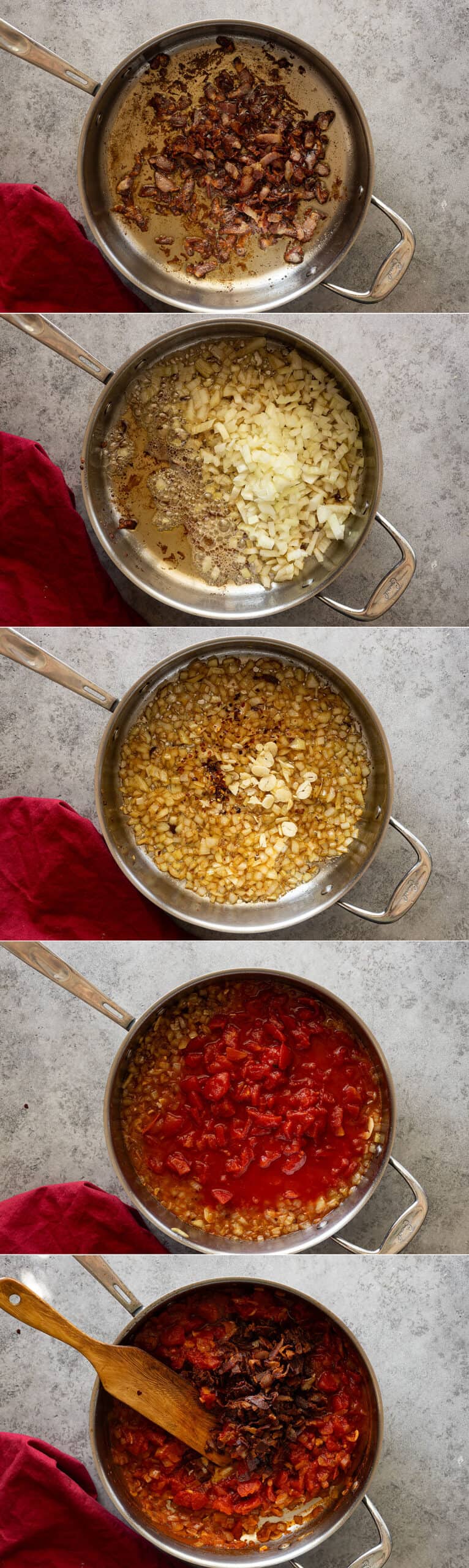 Five pictures showing how to make the sauce.