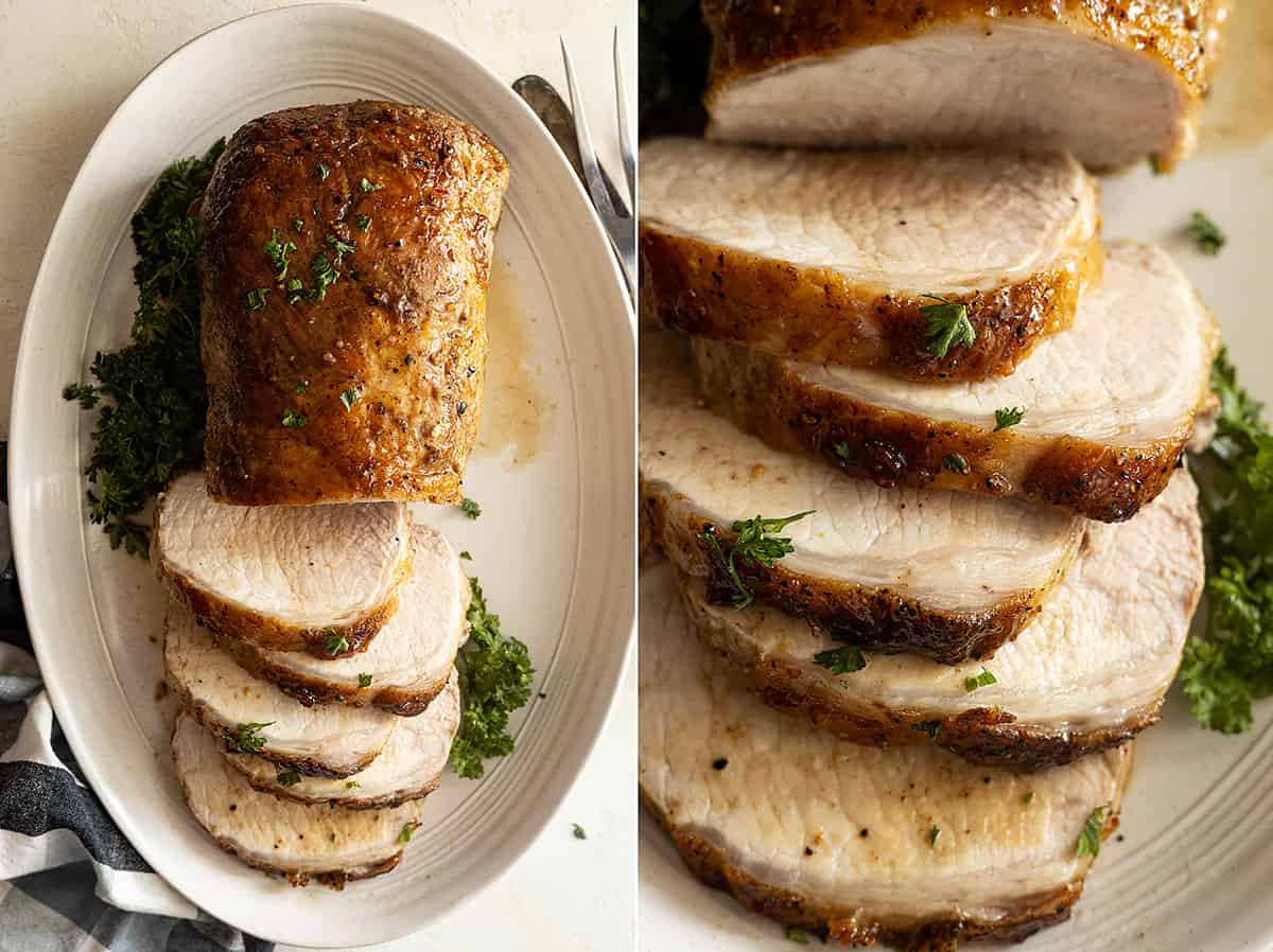 Two pictures showing the roast sliced on a plate ready to serve. One picture is a close up. 