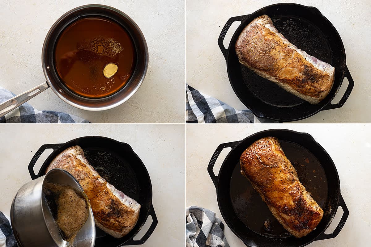 Four pictures showing how to make the maple glazed pork.