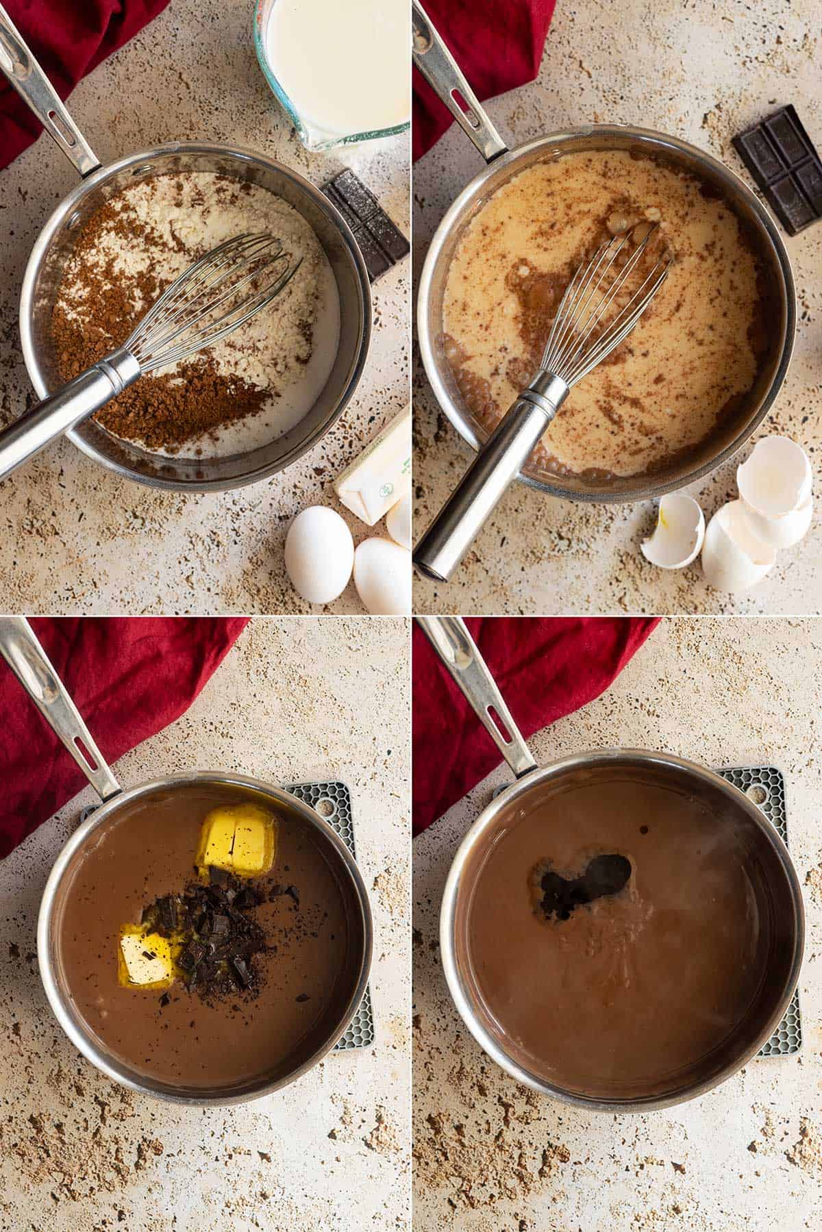 Four pictures showing how to make dark chocolate pudding. 