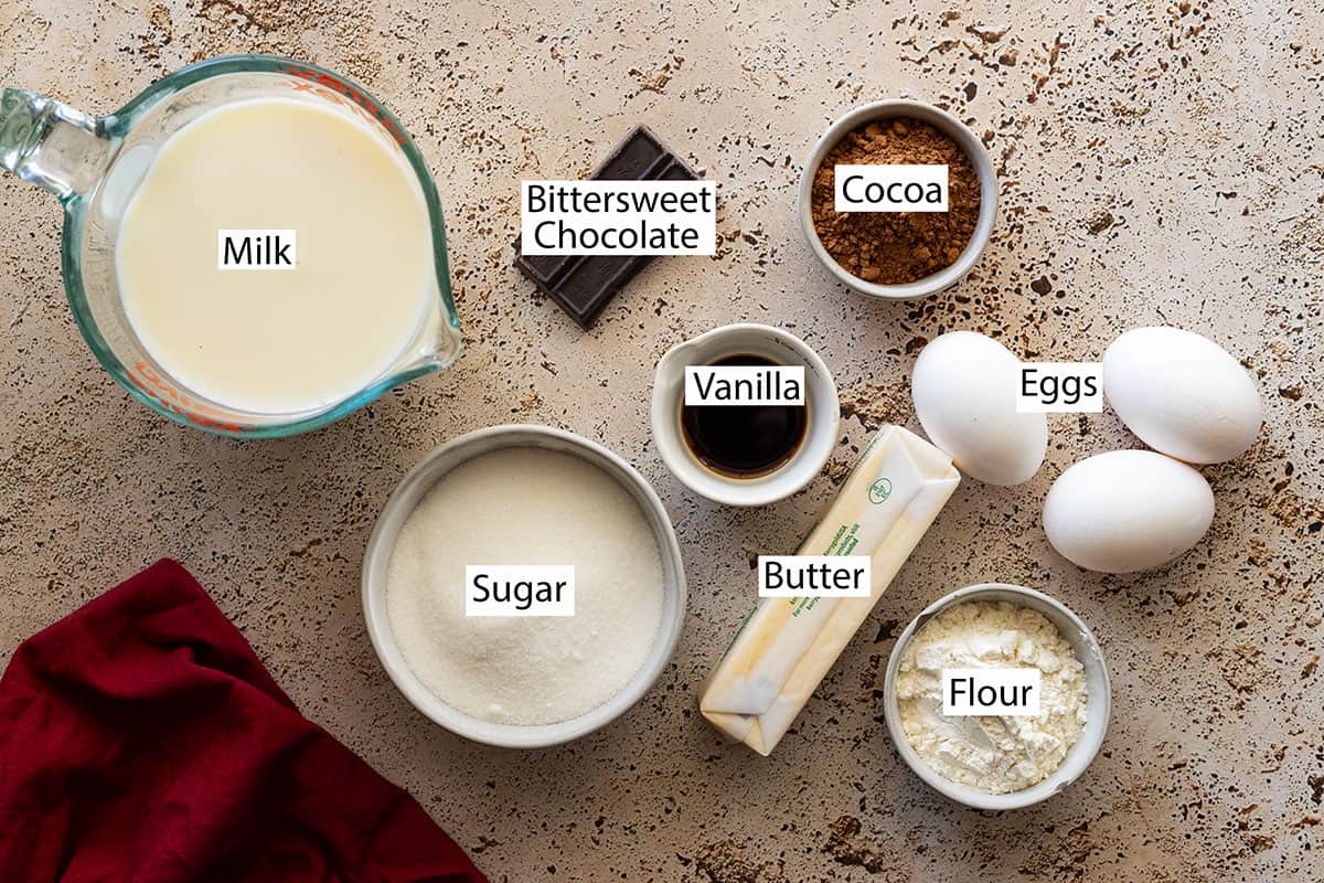 Ingredients: Milk, bittersweet chocolate, cocoa powder, vanilla, sugar, butter, eggs, and flour.
