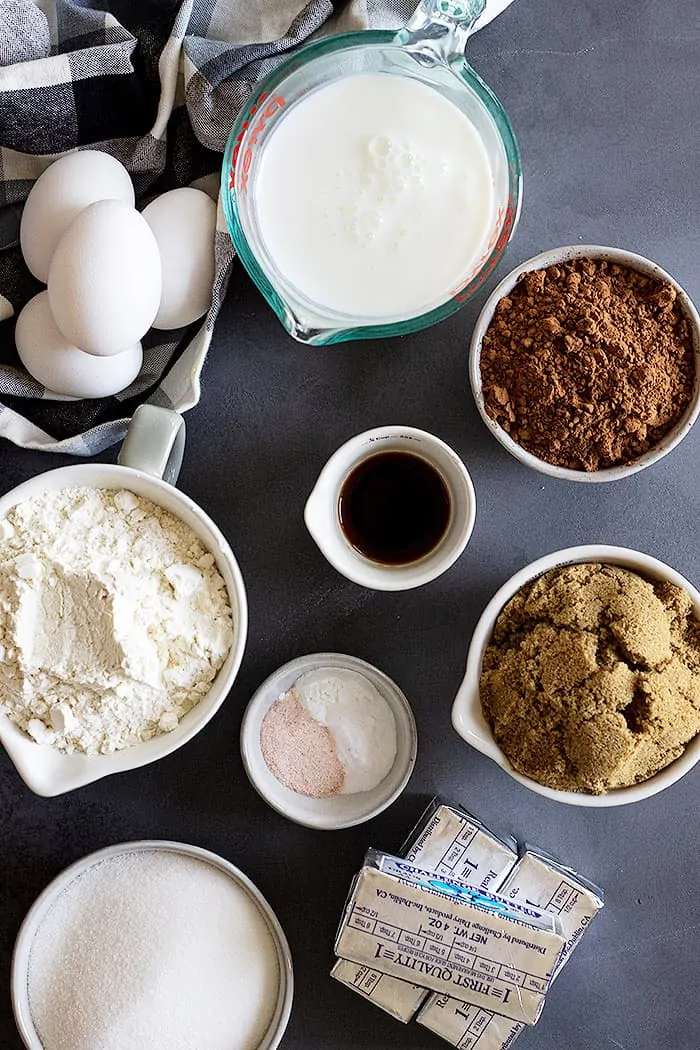 measured ingredients to make devils food cake from scratch