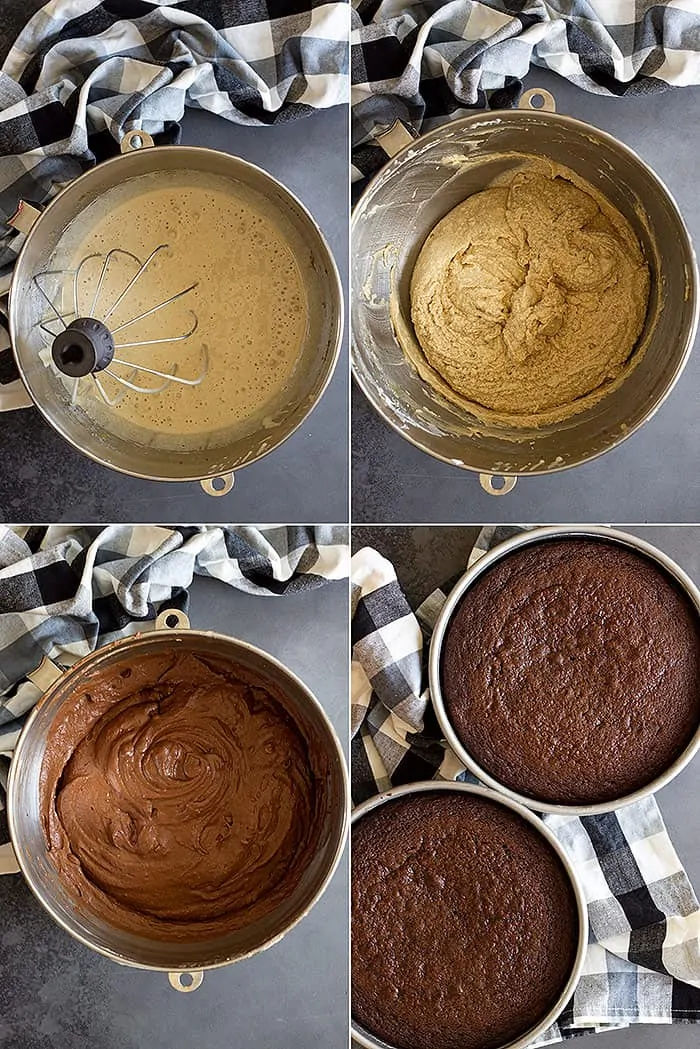 step-by-step collage showing how to make devils food cake