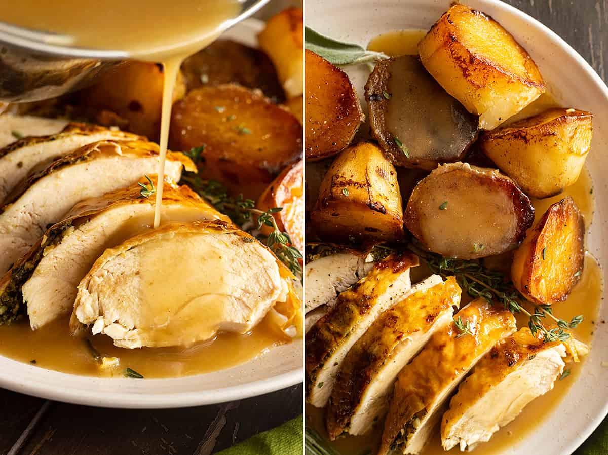 Two pictures: one showing gravy being poured over the chicken and the second an overhead picture showing the chicken and potatoes with gravy. 
