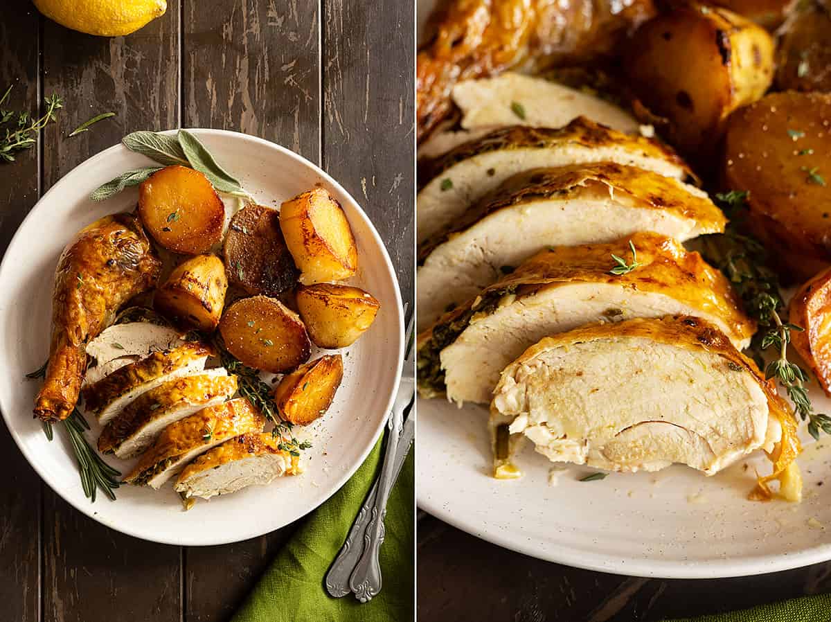 Two pictures side by side. One overhead picture showing a cream plate with chicken pieces and potatoes. Garnished with fresh herbs. Second picture showing slices of chicken breast. 