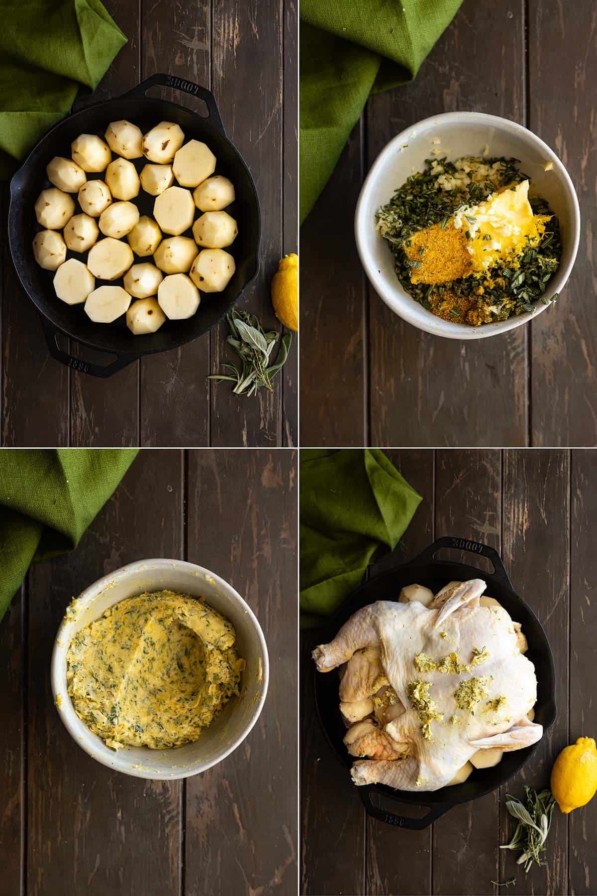 Four pictures showing how to make the chicken. First potatoes in the pan, mix the butter with seasonings, then apply to the bird. 