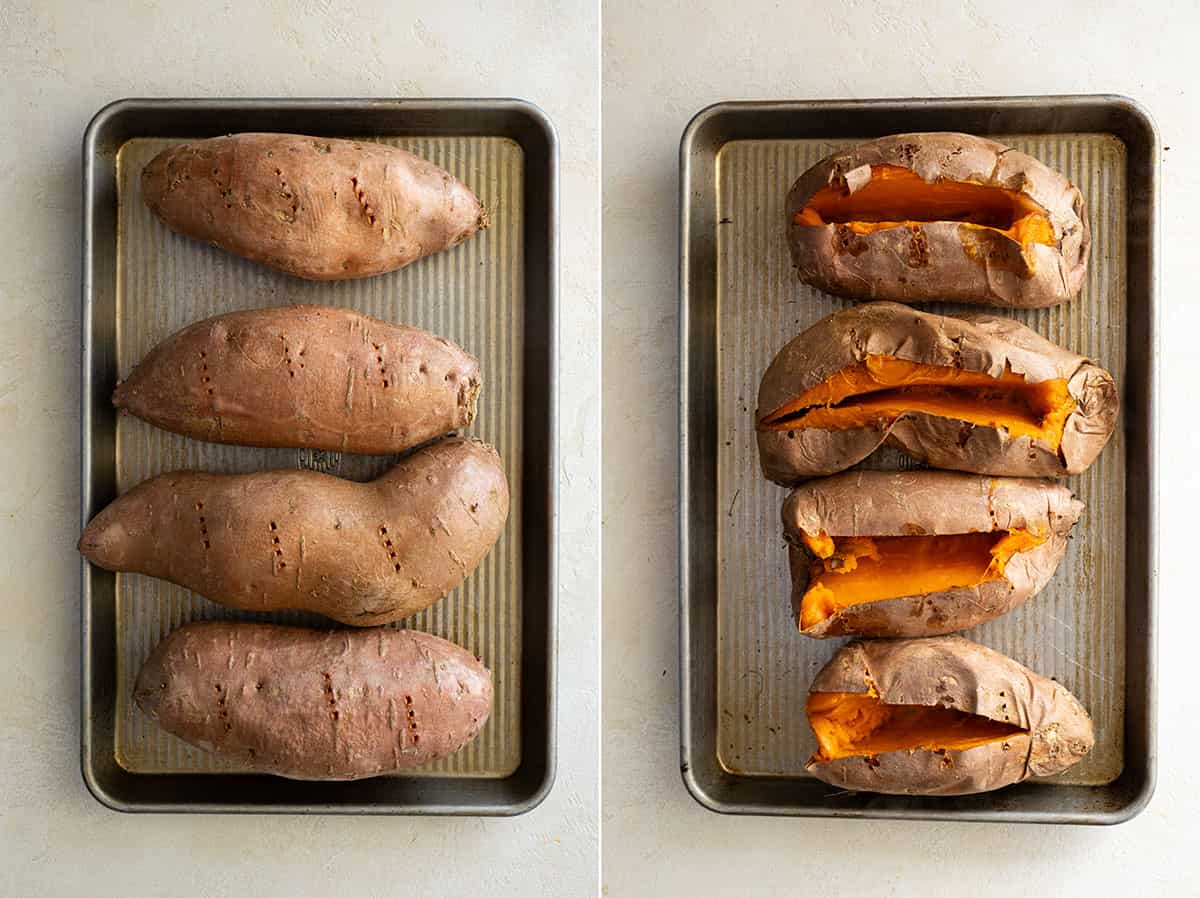 Two pictures showing the sweet potatoes pierced and ready for the oven and the other showing them split open letting out some of the steam after baking. 