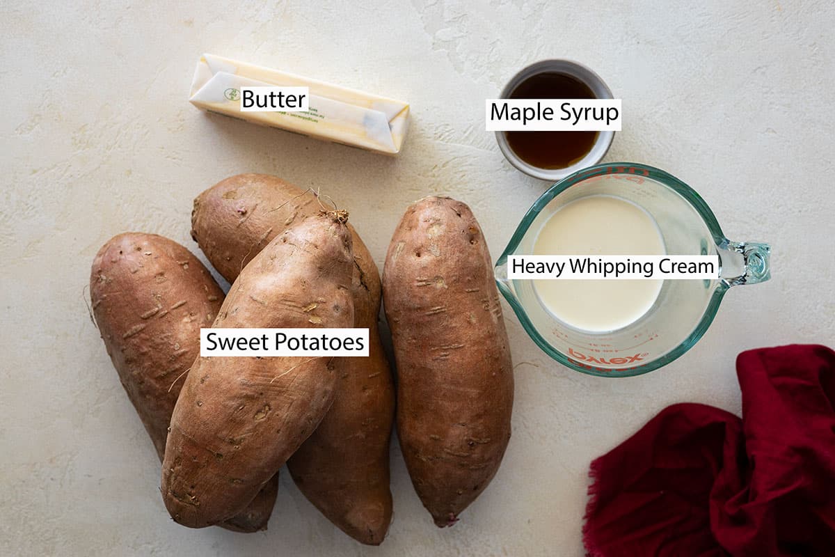 Ingredients: sweet potatoes, butter, maple syrup, and cream. 