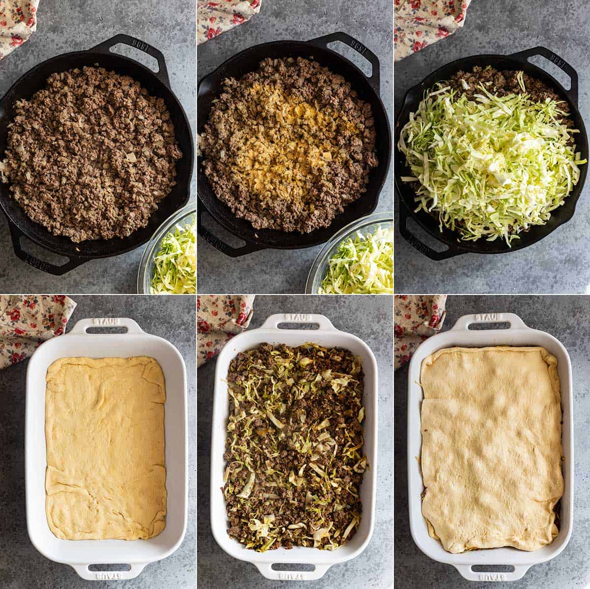 Six pictures showing how to make the casserole. Browning the beef with onion, adding the seasonings, adding the cabbage, placing dough in a baking pan, adding filling, and topping with dough. 