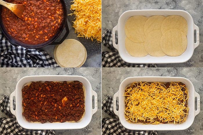 photo collage showing how to assemble taco casserole with corn tortillas