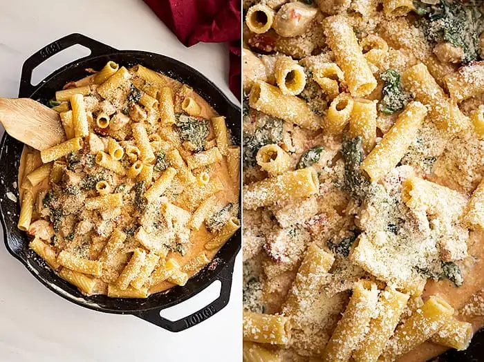 overhead: 2 pictures of one pot chicken florentine pasta recipe in a cast iron skillet. One of the pictures is a close up