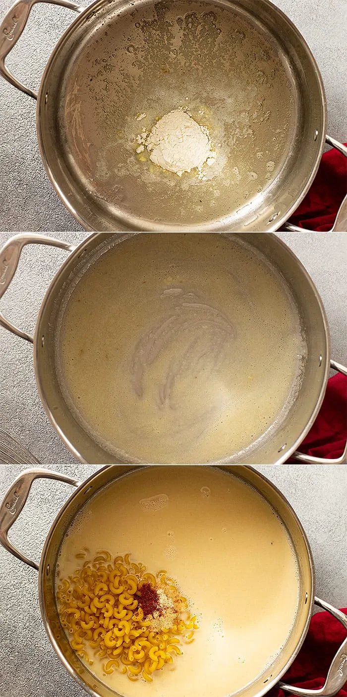 overhead process shot collage: 3 images showing how to make a roux then adding in the liquids and then the pasta