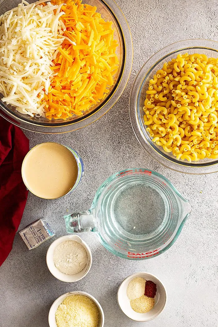 overhead: ingredients needed to make evaporated milk mac and cheese