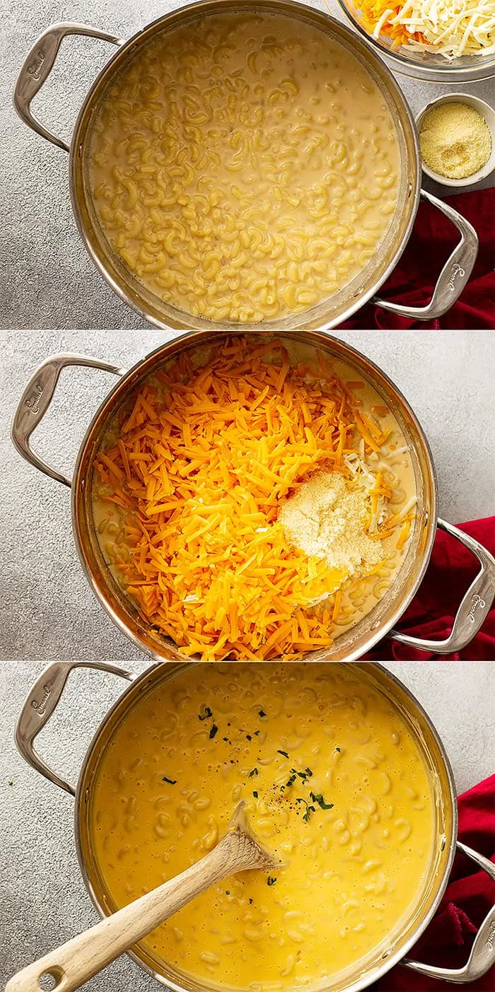 overhead process shot collage: 3 images showing the pasta being cooked then adding in the cheese and the final product