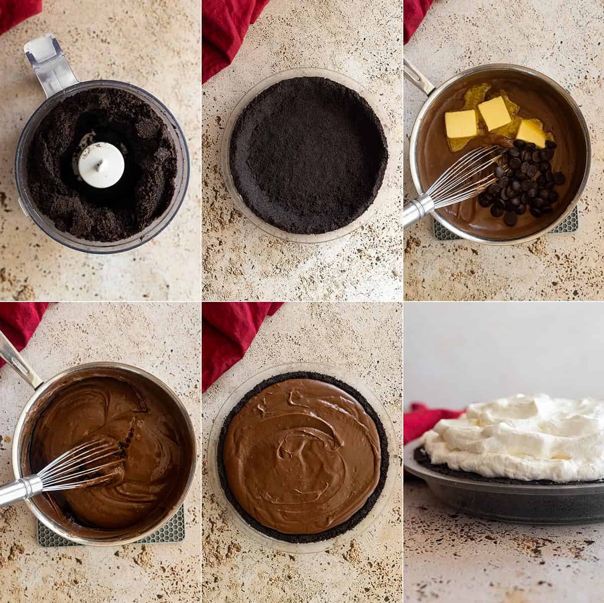 Six pictures showing how to make the pie. Pictures 1 and 2 showing the crust. 3 and 4 making the filling. 5 adding to the pie crust and 6 topping with whipped cream.