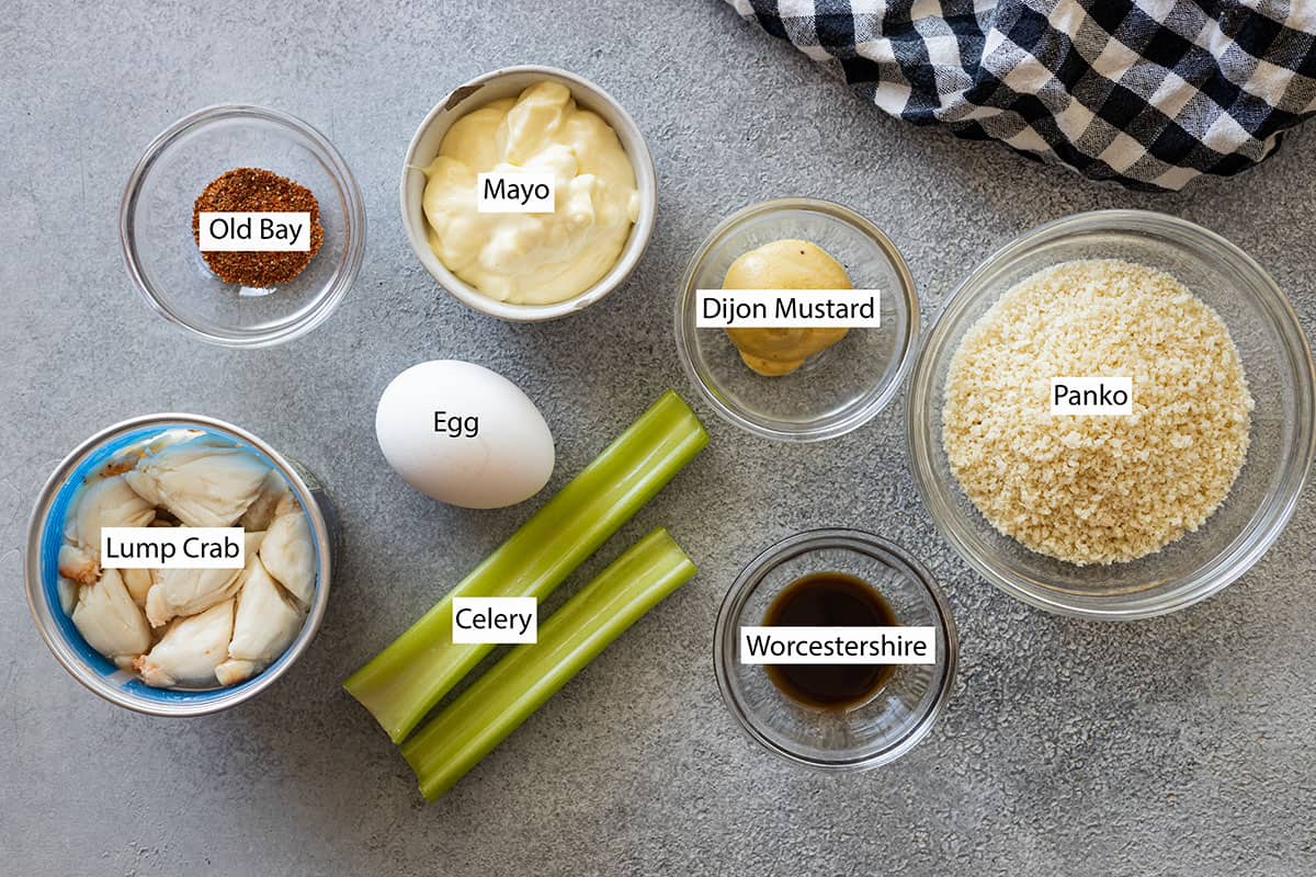 Ingredients: old bay, mayo, egg, celery, panko, dijon, worcestershire, lump crab. 