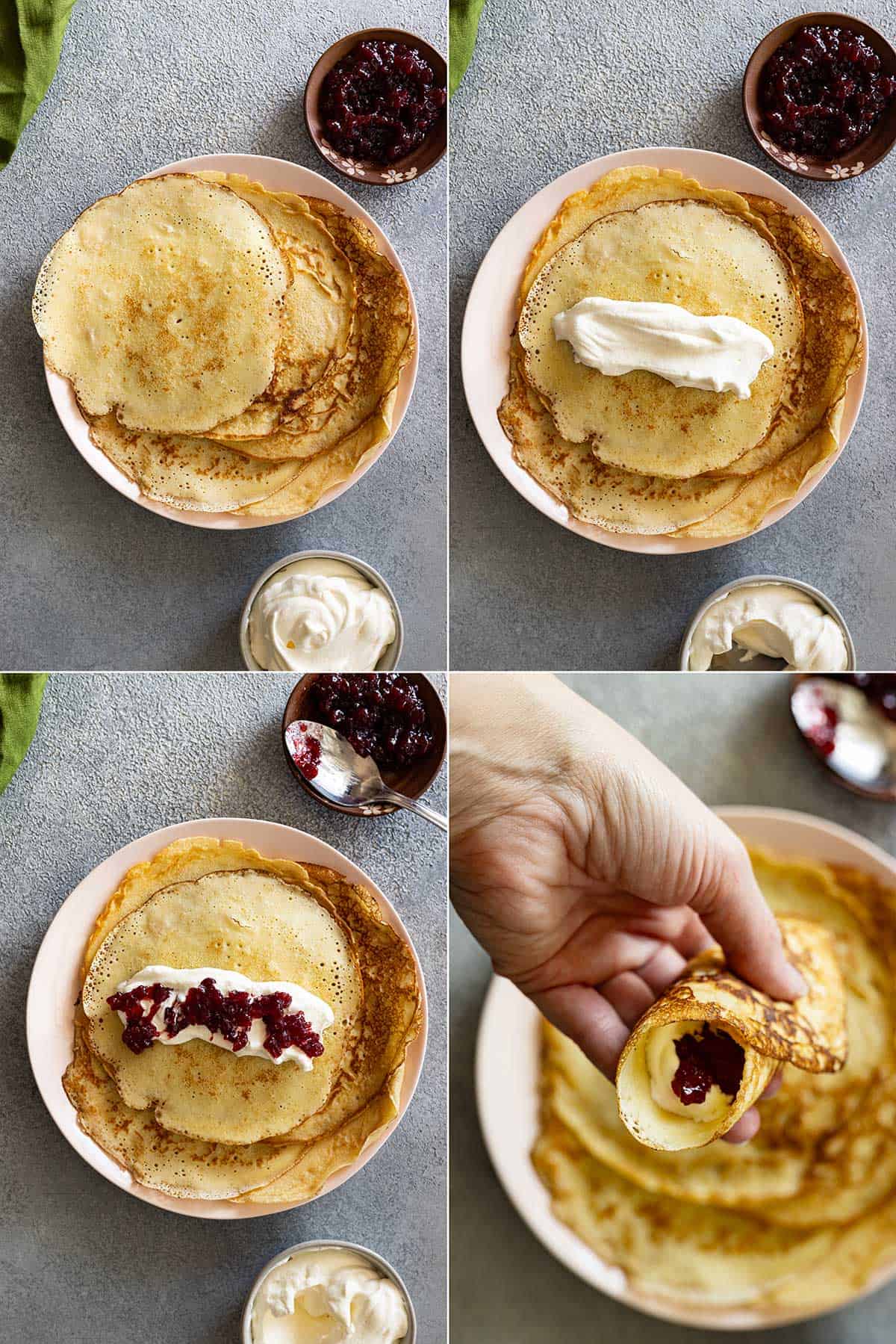 Four pictures showing a plate of pancakes fresh of the griddle, whipped cream down the center, lingonberries down the center, and a hand holding one rolled up. 