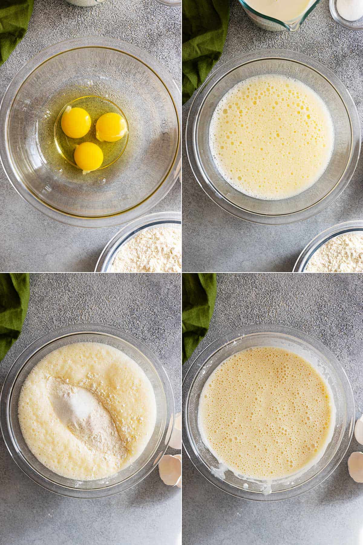 Four pictures showing how to mix up the batter and what it should look like when finished. Thinner than American pancake batter but not quite as thin as crepe batter. 