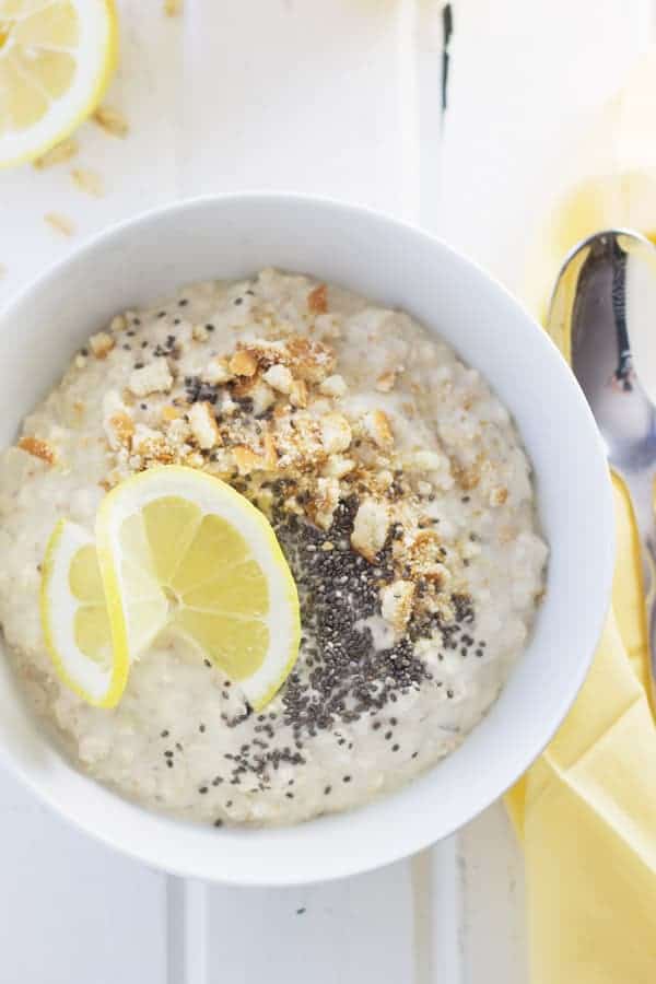overhead: lemon cheesecake overnight oats in a bowl