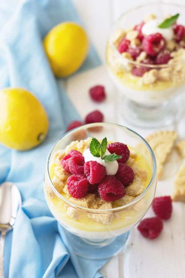 overhead: lemon mousse recipe in a small glass cup