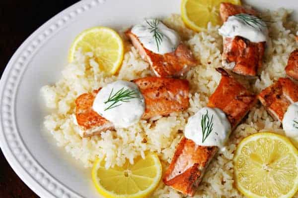 overhead: a platter with my salmon and rice recipe