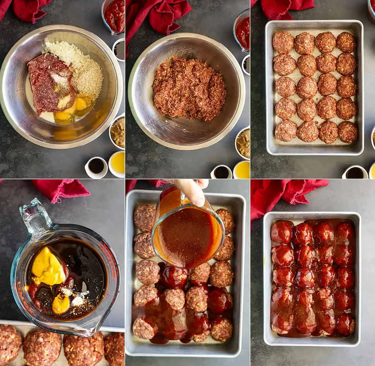overhead: collage of six process shots showing how to make barbecue meatballs