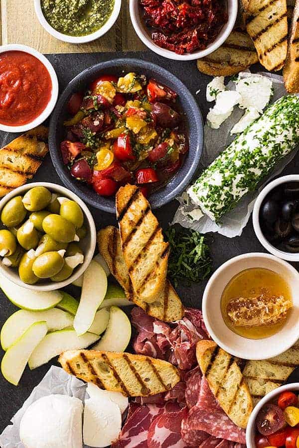 overhead: bruschetta ideas with grilled bread and other toppings