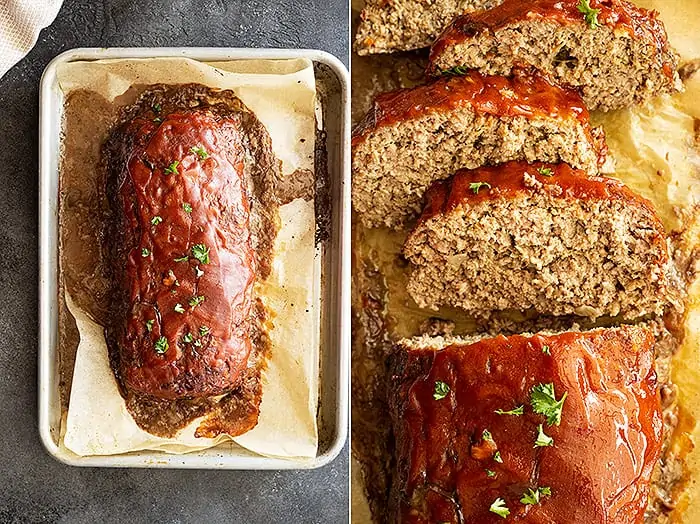 overhead: two pictures showing grandma's old fashioned meatloaf fresh from the oven and the second picture showing slices sprinkled with parsley