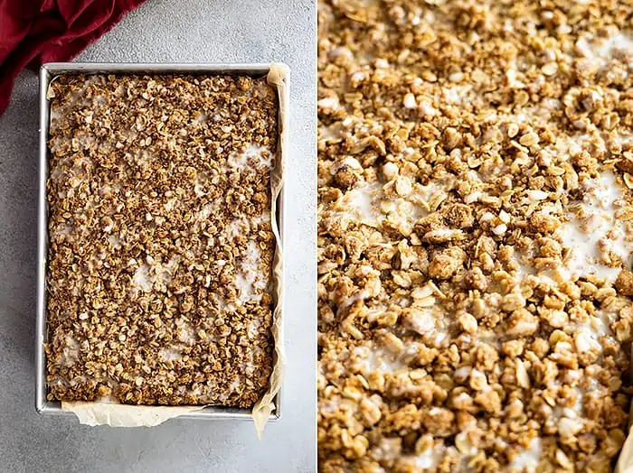 two overhead photos: left showing the old fashioned zucchini cake, and right a close up of the topping drizzled with icing