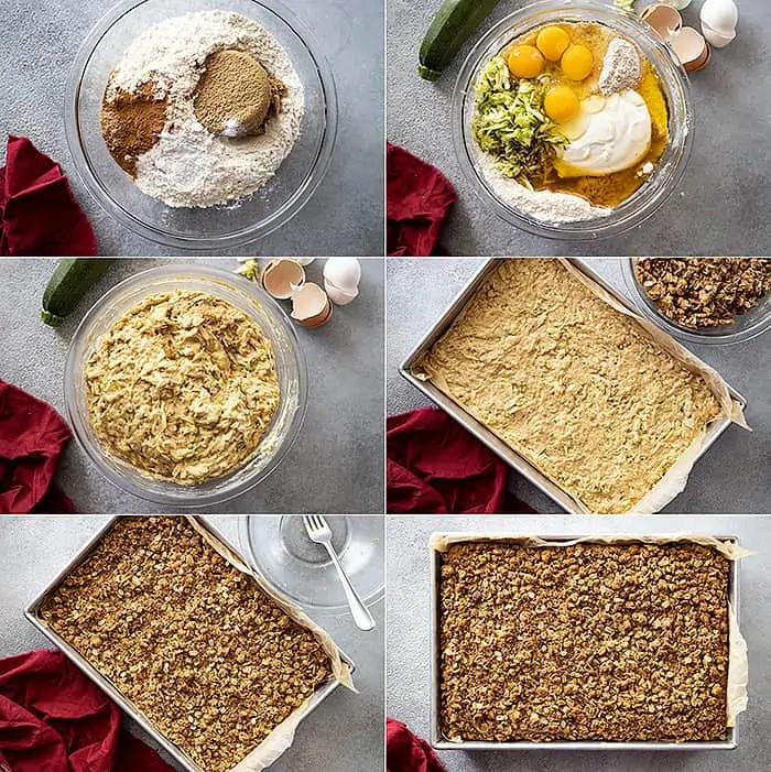 overhead: photo collage showing how to make this zucchini dessert step by step
