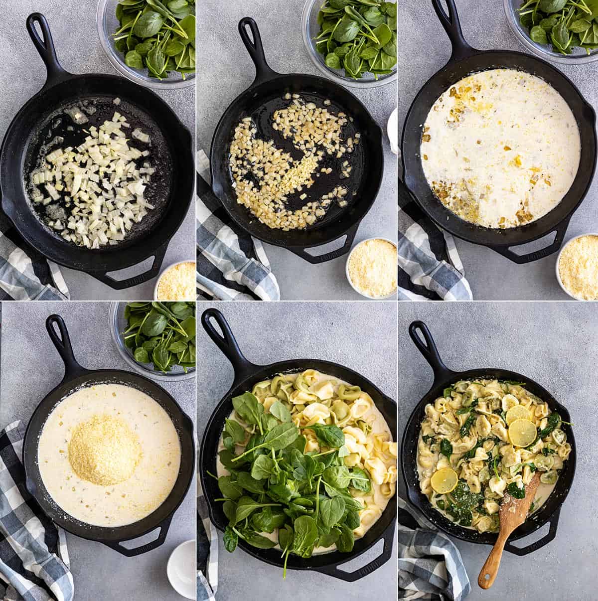 Six photos showing the how to make this tortellini recipe. Sauteing the onion, adding the garlic, adding the cream and pasta water, adding the cheese, adding the spinach, and the finished product. 